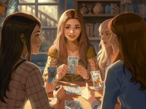 占い師がオラクルカードのワークショップを開いているイラスト