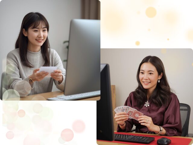 オンライン占いを受ける若い女性客と若い女性占い師がそれぞれ穏やかな笑顔で話しているイラスト