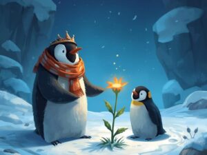 ペンギン村長が魔法の花の種を子ペンギンに説明するイラスト